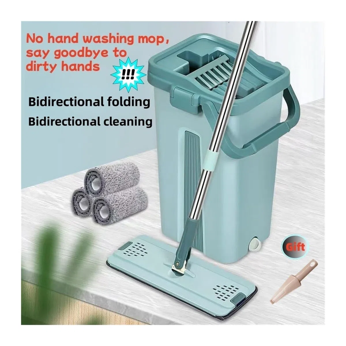 Trapeador Plano con Cubo, escurridor Manos Libres, Almohadillas de Microfibra for Limpieza de Pisos, Uso en seco o húmedo sobre Laminado de Madera Dura(Mop Set)