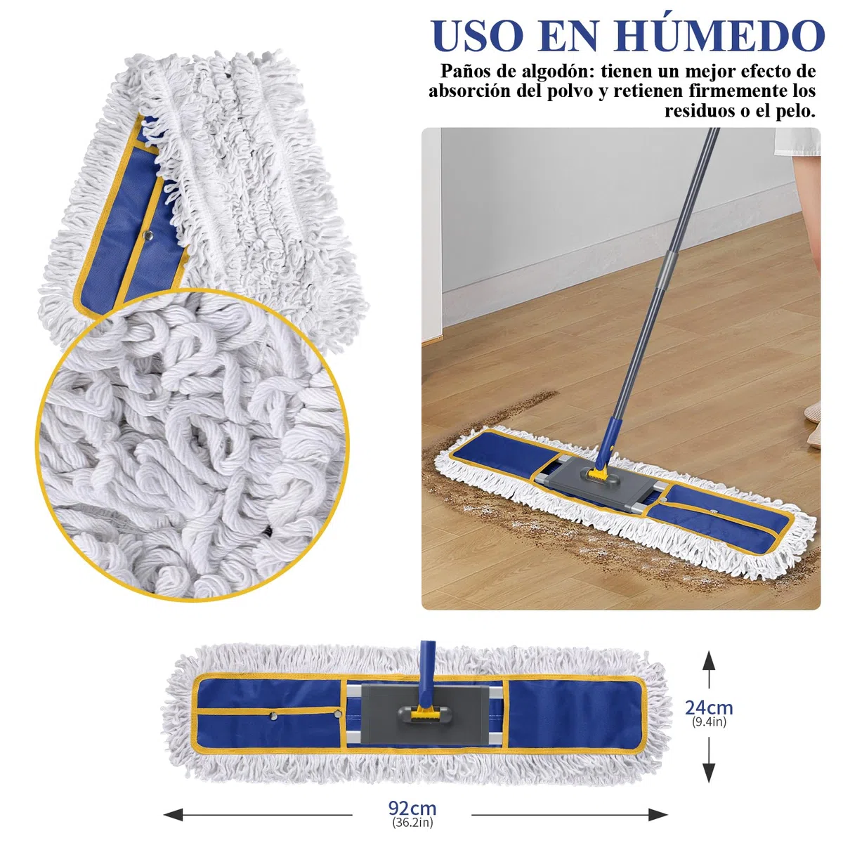 Masthome Juego de Mopa Profesional de 90 CM de Ancho, Fregona Profesional con Mango Alargado, Fregona Plana Industrial Ligera con Cabezal y 3 Almohadillas para Mopa, para Hotel, Centro Comercial