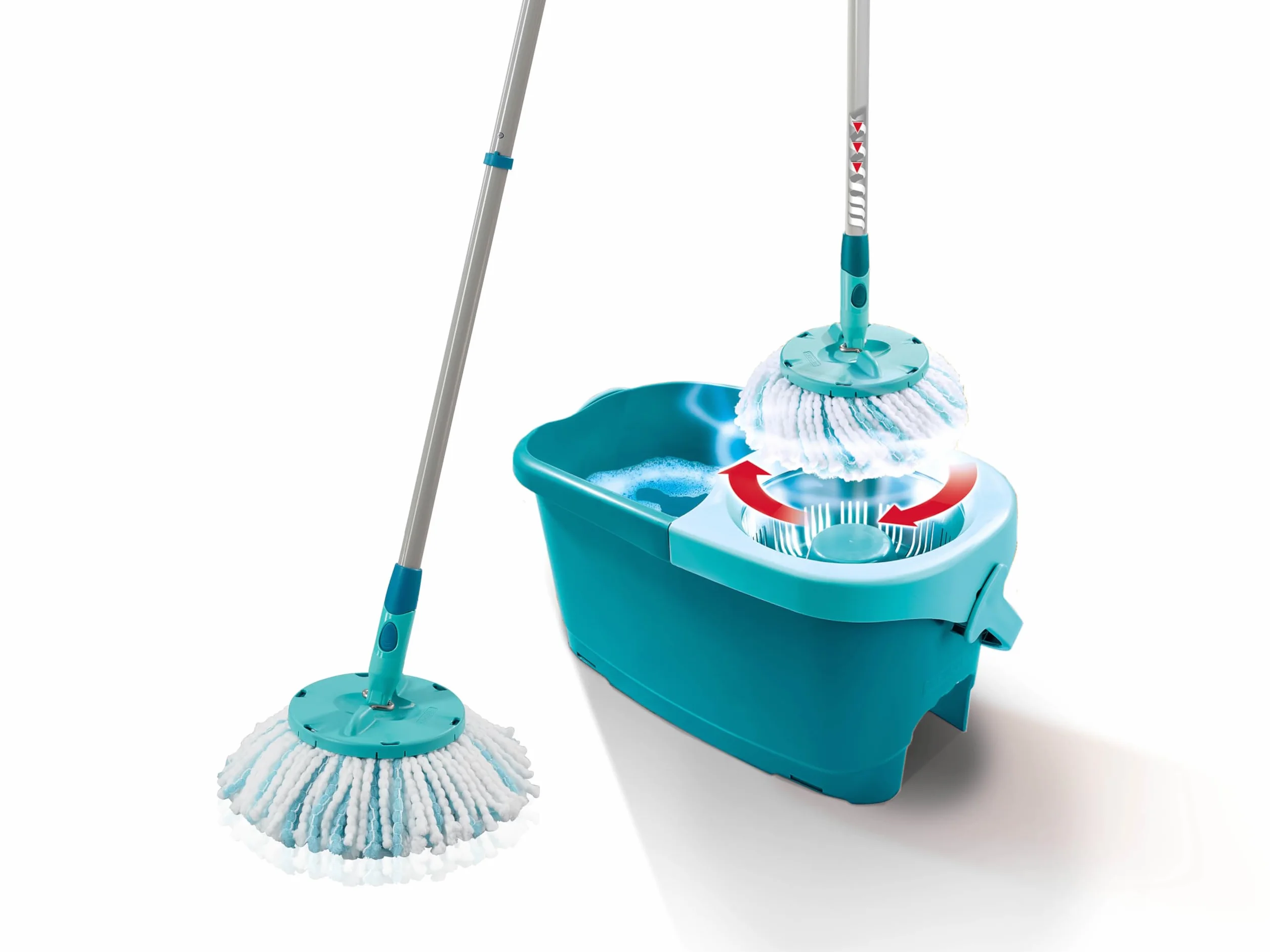 Leifheit Set de fregona rotatoria Clean Twist Disc Mop Ergo 2.0, fregona giratoria con cabezal Micro Duo, set de limpieza en húmedo