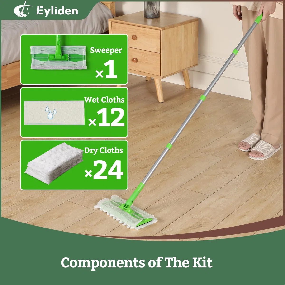 Eyliden Kit de iniciación de fregona con 36 recambios (12 toallitas húmedas + 24 paños Secos), fregonas Desechables 3 en 1 para Limpiar Suelos, mopas de Suelo seco y húmedo para Azulejos de Madera