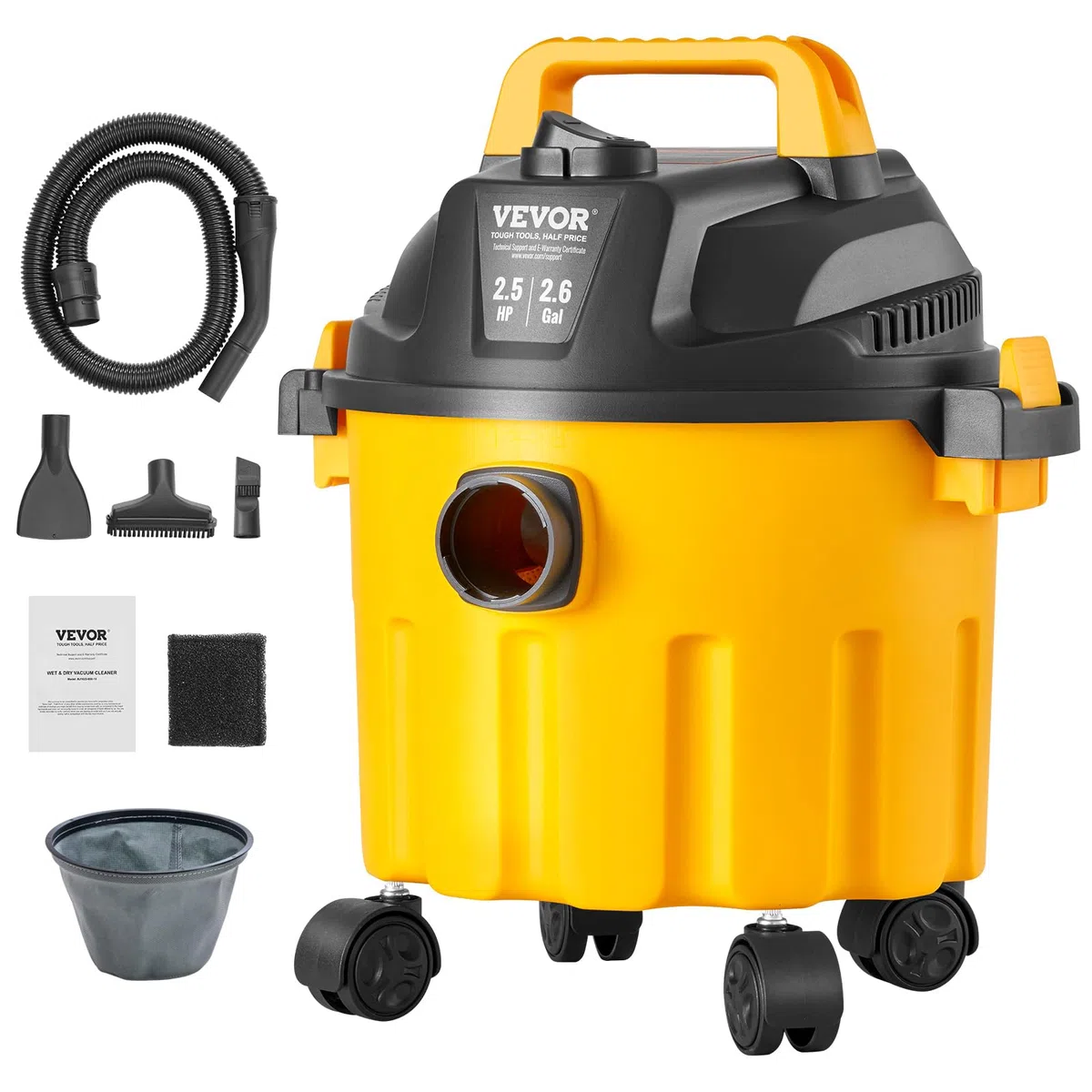 VEVOR Aspiradora en Seco y Húmedo 10 L Aspiradora Portátil Liviana para Taller en Seco y Húmedo 2,5 HP Soplado Eficiente con Boquilla, Ruedas, para Alfombras, Escombros, Pelo de Mascotas, Amarillo