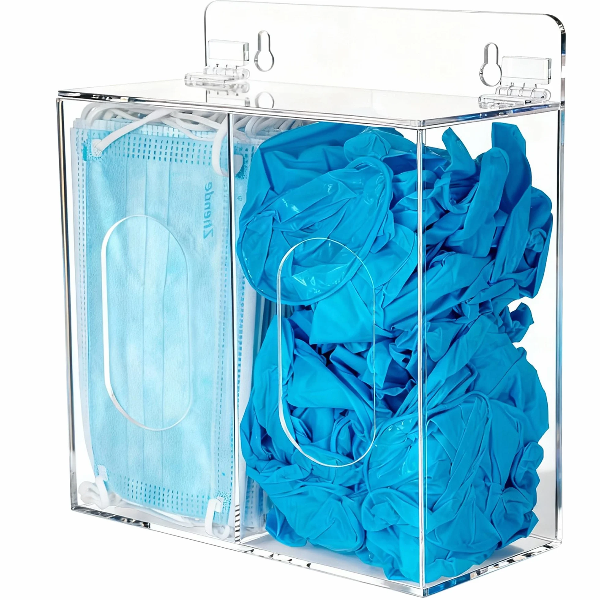 SEANADO Dispensador acrílico de PPE – Soporte para guantes y máscaras faciales montado en la pared o mesa con tapa – Caja dispensadora de plástico transparente para guantes desechables, redecillas