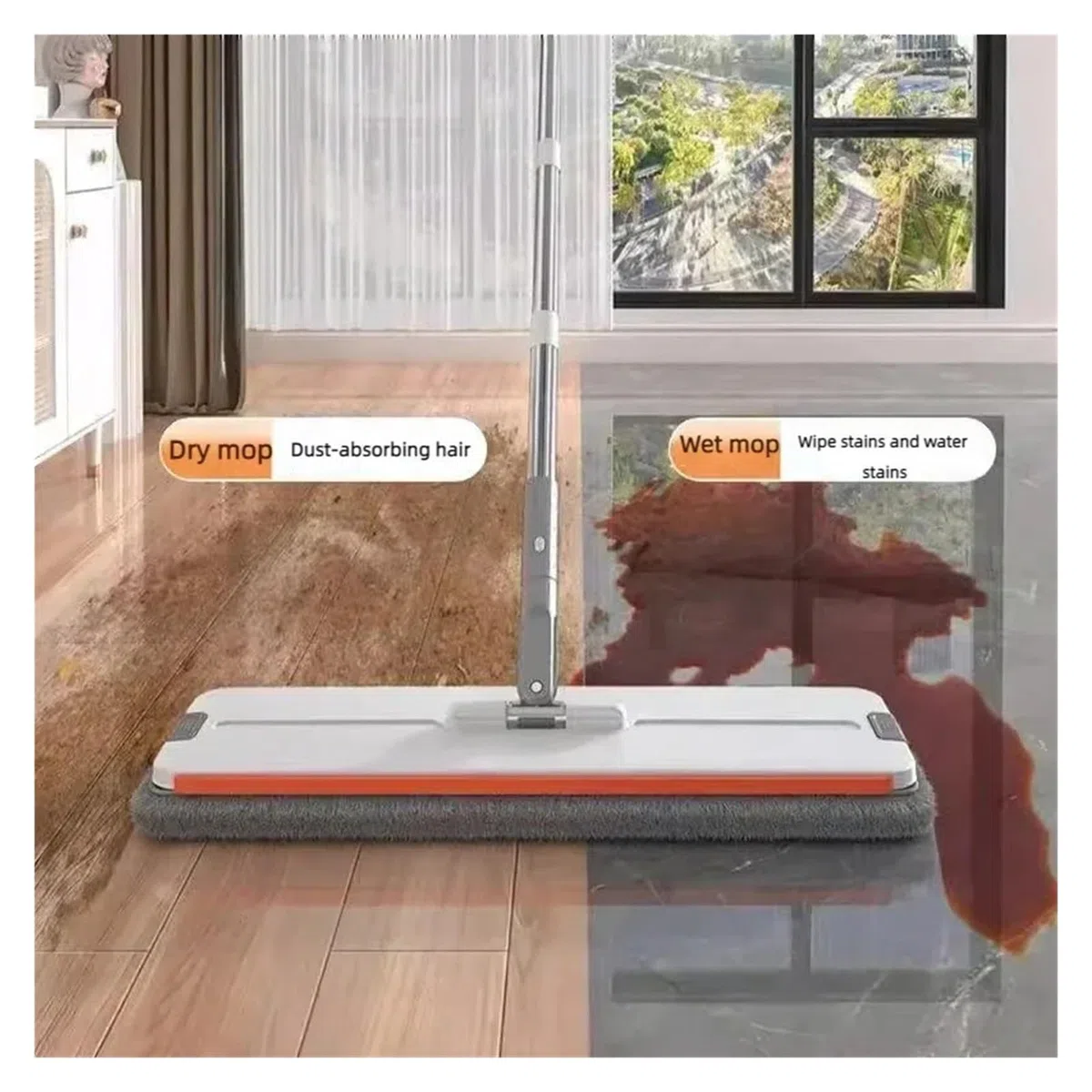 Fregona giratoria de 360 ​​grados con manos libres, sistema de limpieza de pisos planos de 33 cm con cubo, herramienta de limpieza fácil de microfibra lavable for el hogar(Bucket-mop-2 cloth)
