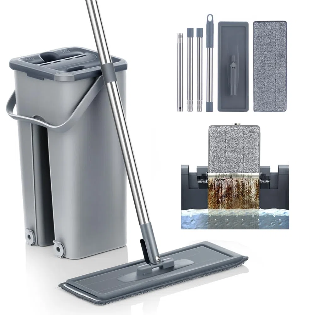 Mopa Multifuncional para Azulejos Paredes y Suelos con Cubo Escurridor Sistema Autoescurrible Cepillo 6 Almohadillas de Microfibra Limpieza Tarima Atrapa Polvo Trapeador Escurre Fácil Mop Ventanas