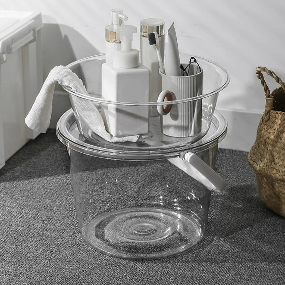 VALICLUD Juego de 2 Cubos de Plástico Transparentes Tapa, Cubo de Fregona Pequeño Asa, Lavabo Pequeño para Baño y Limpieza Doméstica, Cuenco para Lavarse la Cara y Lavar Pies,