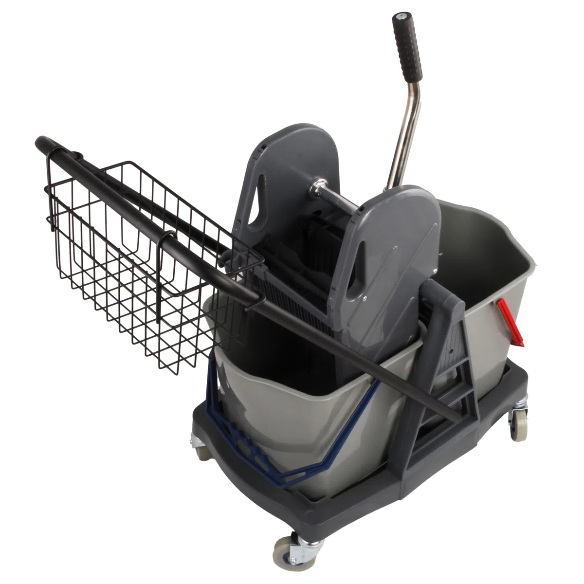 Carro de Limpieza Profesional 2X 25L, Prensa y Mopa Completa | Kit con cubos de segregación, soporte magnético, mango ergonómico y limpiadores de 1L para parqué, PVC y baldosas