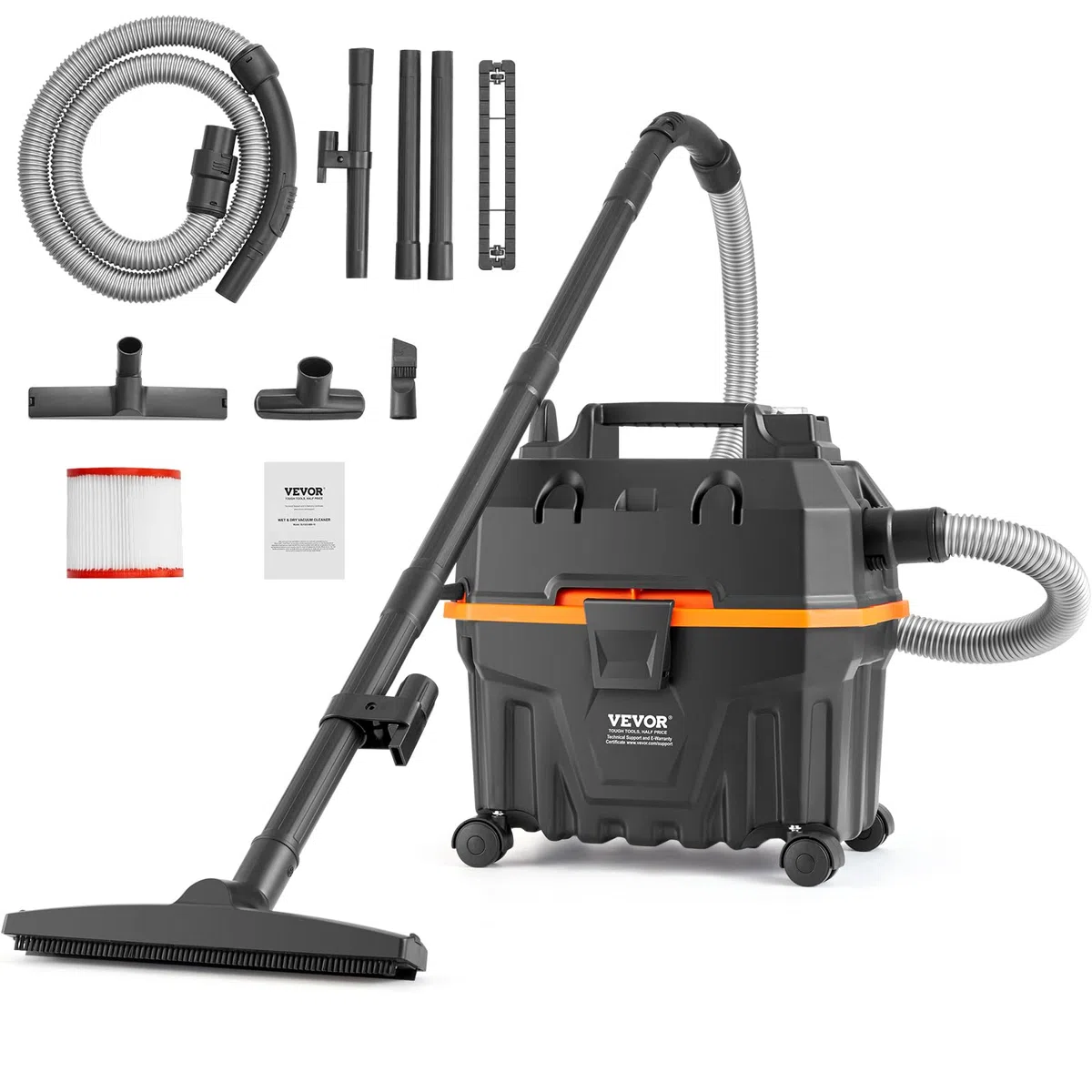 VEVOR Aspiradora en Seco y Húmedo 15 L 5 HP Portátil con Boquilla, Ruedas, Negro