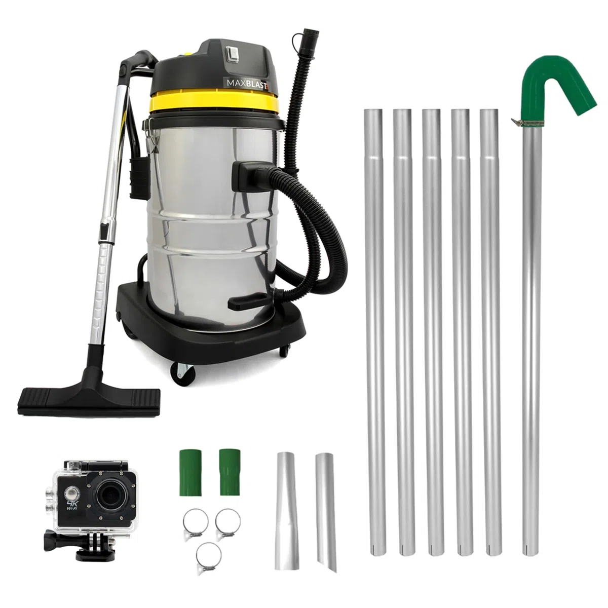 Kit Limpieza Canalones MaxBlast 60L | Aspiradora Húmedo y Seco 1400W | 6 Tubos Extensibles 1,2–7,2m | Cámara 4K WiFi 50m+ | Gran Angular 170° | Boquillas Intercambiables | Carcasa Impermeable | Bolsa