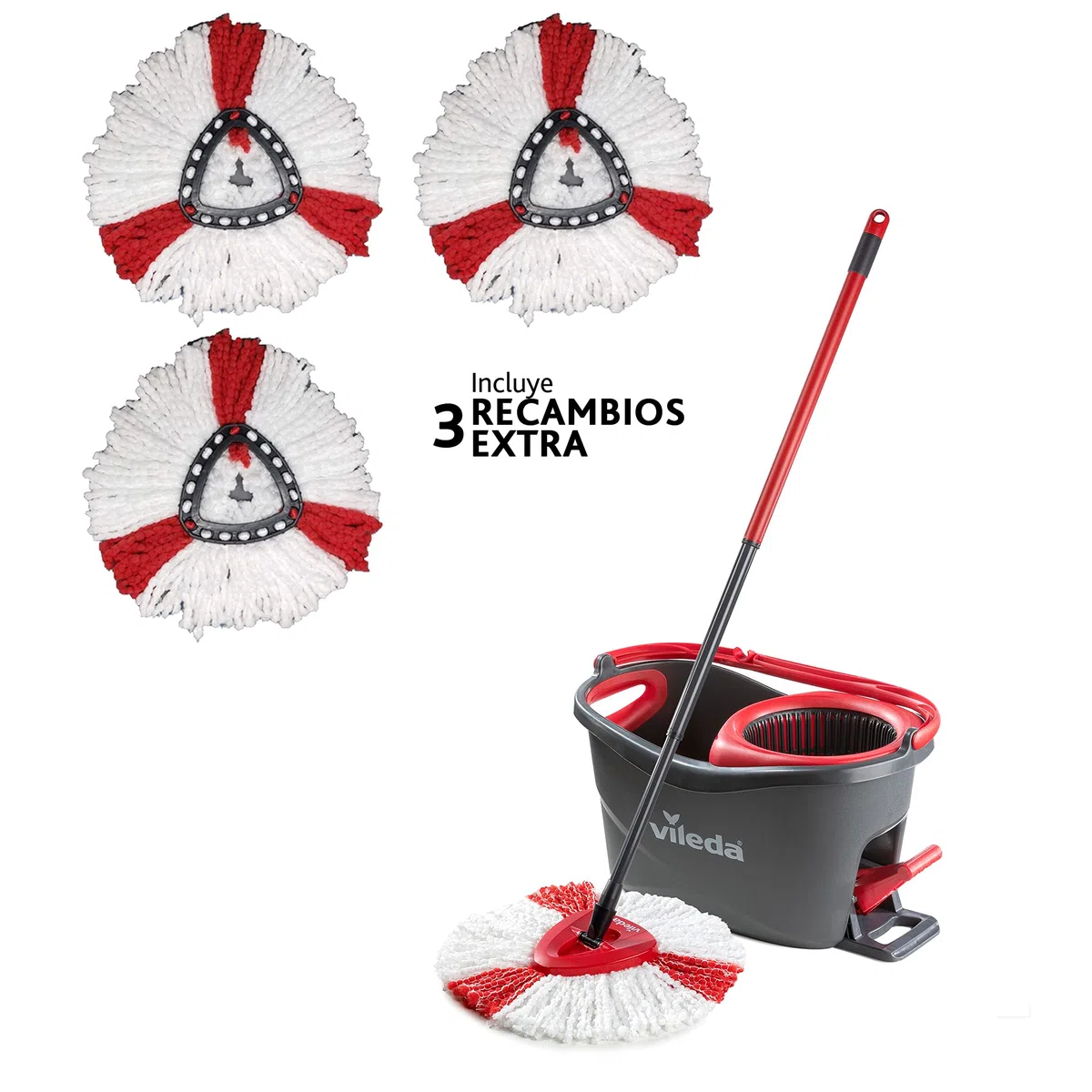Vileda Turbo - Juego de fregona con palo telescópico, cubo escurridor giratorio y recambio de microfibras, incluye 3 recambios adicionales, color negro y rojo, 48.6 x 29.6 x 29.3 cm