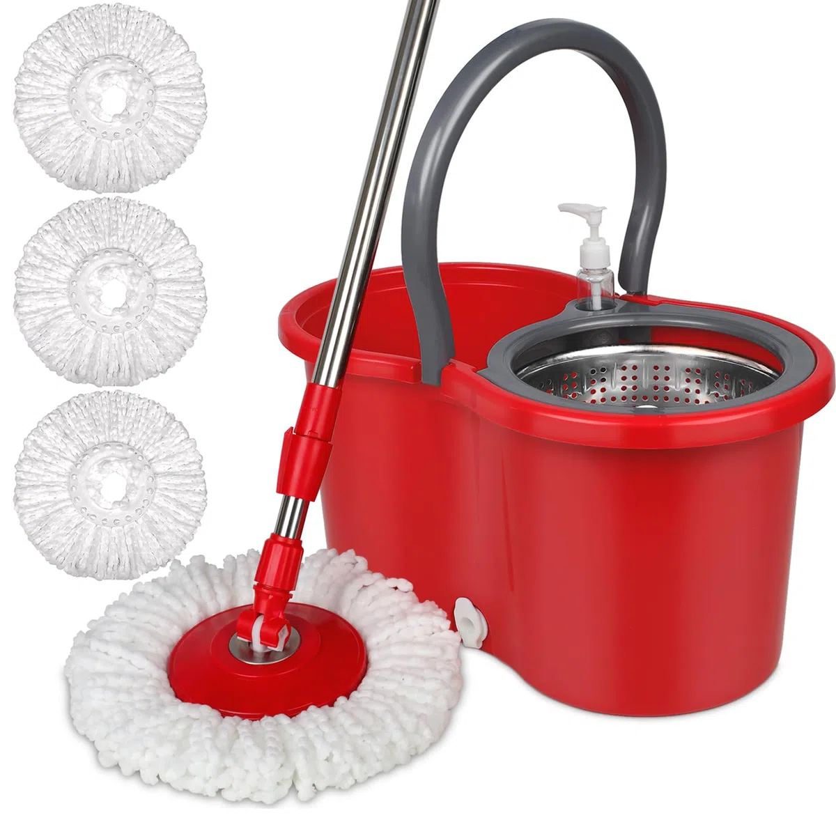 Juego de fregona y cubo con escurridor, fregona giratoria de microfibra y cubo 2 recambios adicionales, sistema de limpieza de pisos, rojo/gris